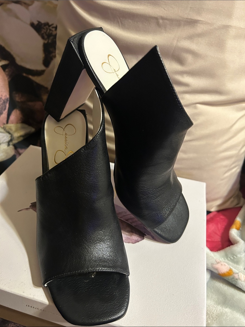Jessica Simpson Black Open-Toe Leather Mule Sandals